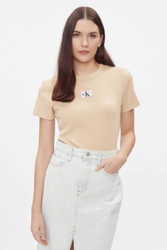 Calvin Klein γυναικείο T-shirt μονόχρωμο με logo patch Regular Fit - J20J222687 Μπεζ